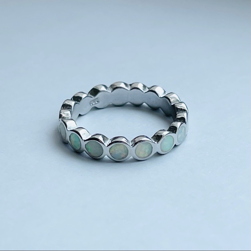 💕TOP SELLER💕 Silver Eternity White Lab Opal Band, Silver Ring, Wedding Bands - Picture 3 of 12